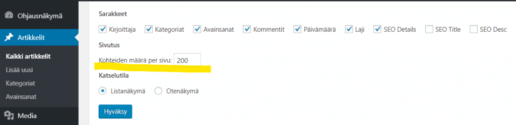 Wordpressin ohjausnäkymässä voi muuttaa esitettävien kohteiden määrää